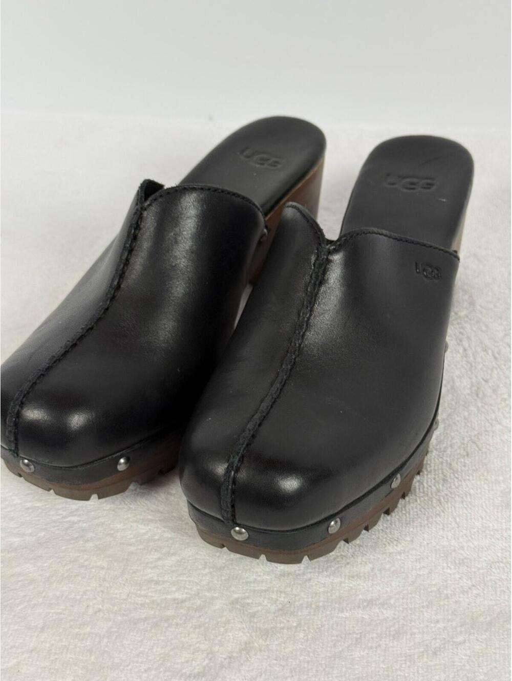 UGG Black Leather Platform Clog Mules Wooden Heel Lug Sole Women's 8